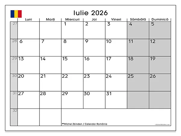 Calendar iulie 2026 de tipărit - România