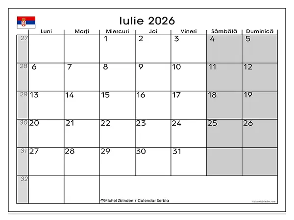 Calendar iulie 2026 de tipărit - Serbia