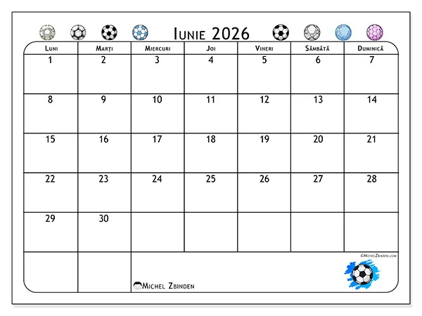 Calendar iunie 2026 de tipărit - Pasiune pentru fotbal