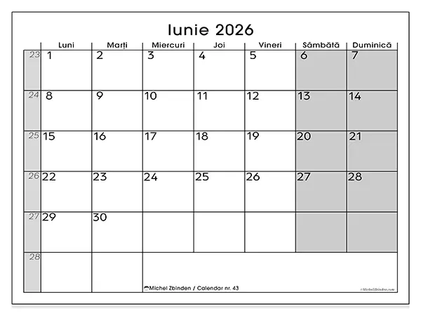 Calendar iunie 2026 de tipărit - Vedere clară