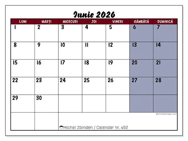 Calendar iunie 2026 de tipărit - Sarcini în culori