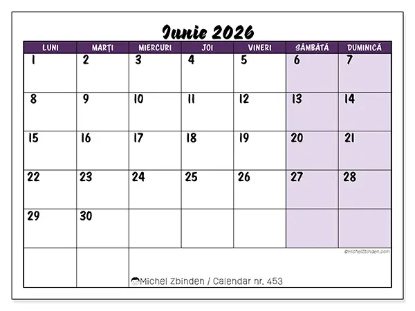 Calendar iunie 2026 de tipărit - Sarcini colorate