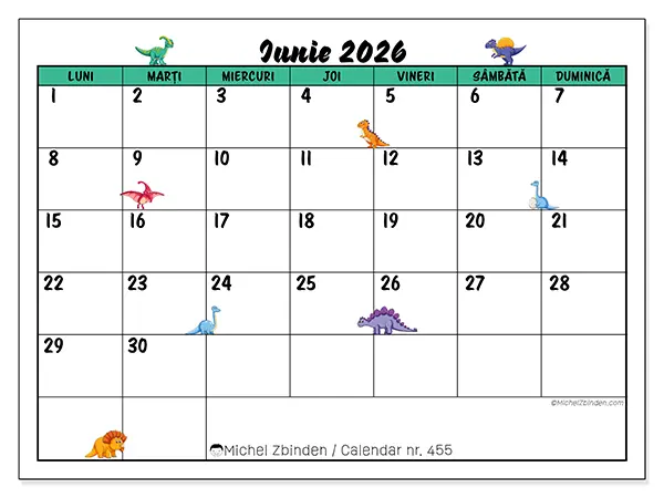 Calendar iunie 2026 de tipărit - Dinozauri mici