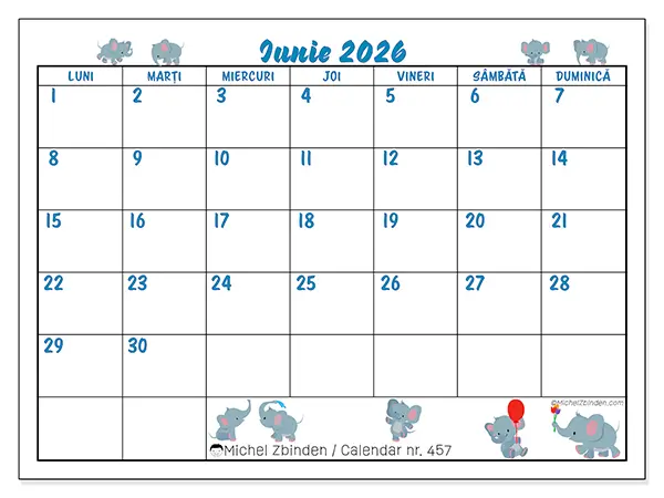 Calendar iunie 2026 de tipărit - Elefanți mici