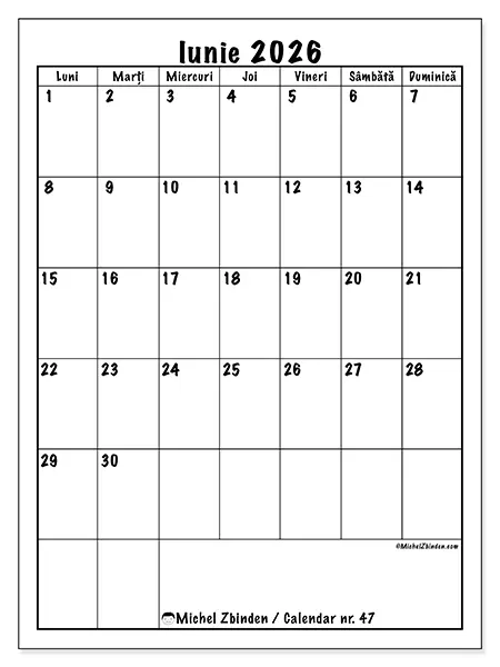 Calendar iunie 2026 de tipărit - Planificare clară
