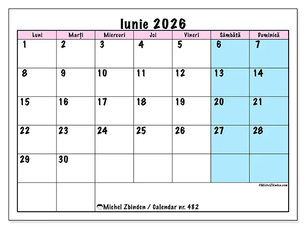 Calendar iunie 2026 de tipărit - Program de echipă