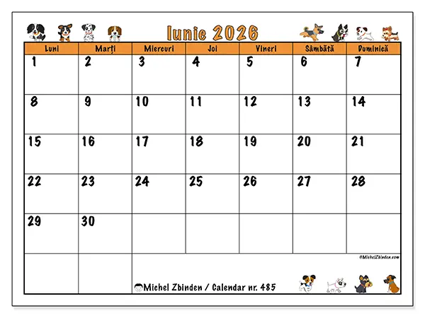 Calendar iunie 2026 de tipărit - Câini entuziaști