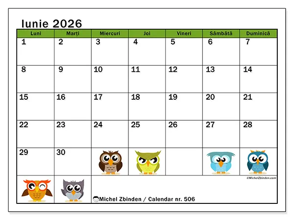 Calendar iunie 2026 de tipărit - Bufnițe amuzante