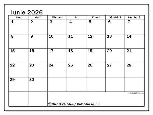 Calendar iunie 2026 de tipărit - Lună clară
