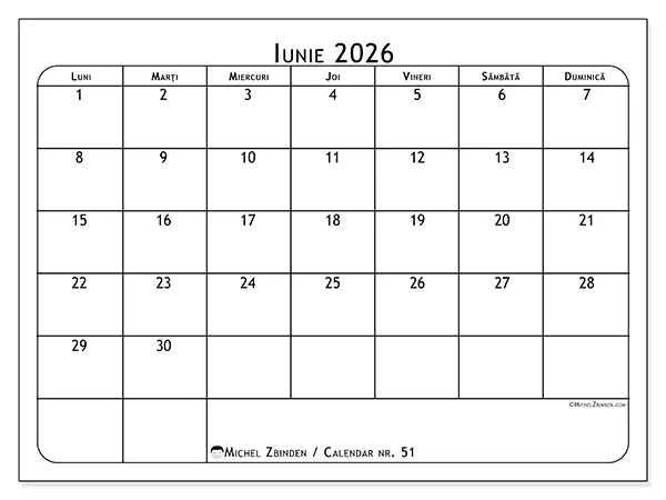 Calendar iunie 2026 de tipărit - Planificator de mese