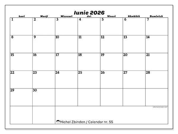 Calendar iunie 2026 de tipărit - Timp liber