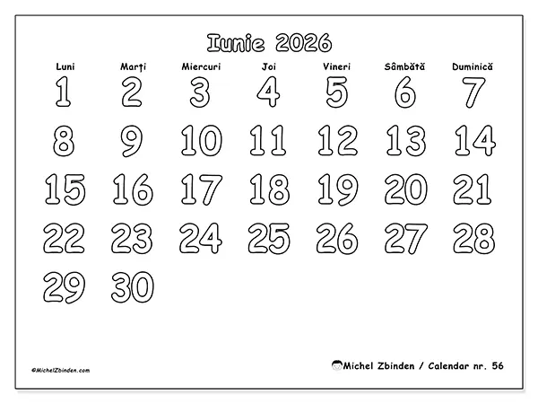 Calendar iunie 2026 de tipărit - Colorat util