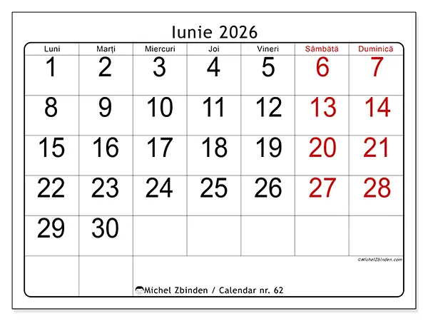 Calendar iunie 2026 de tipărit - Vedere rapidă