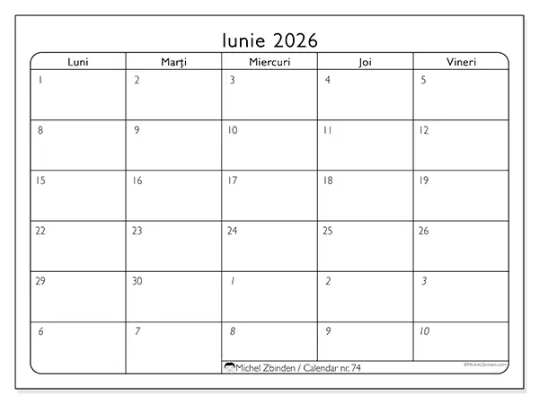 Calendar iunie 2026 de tipărit - Zile lucrătoare