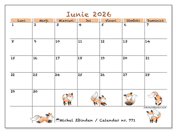 Calendar iunie 2026 de tipărit - Desene cu vulpi