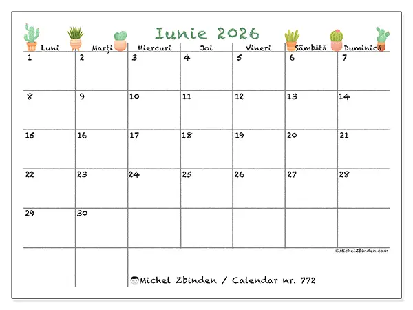 Calendar iunie 2026 de tipărit - Cactuși decorativi