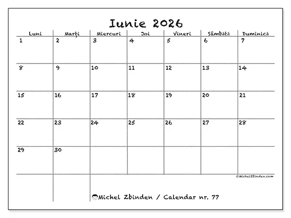 Calendar iunie 2026 de tipărit - Școală și familie