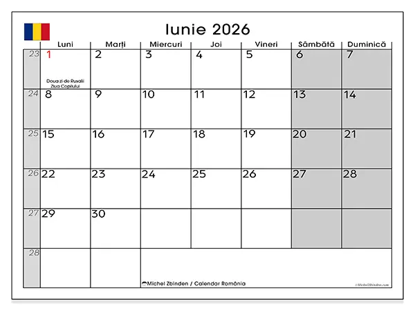 Calendar iunie 2026 de tipărit - România