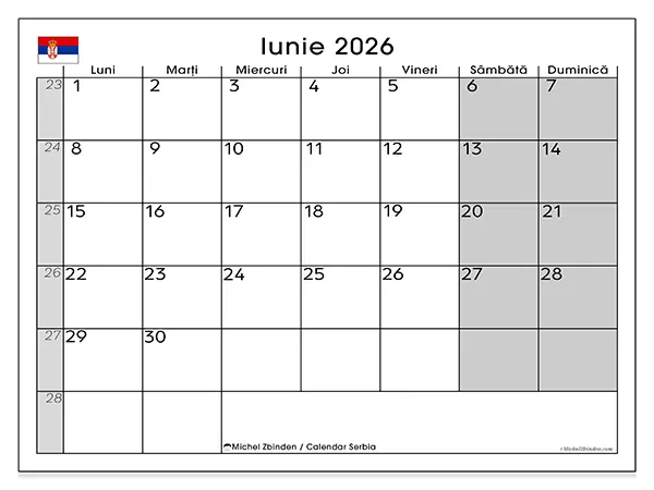 Calendar iunie 2026 de tipărit - Serbia