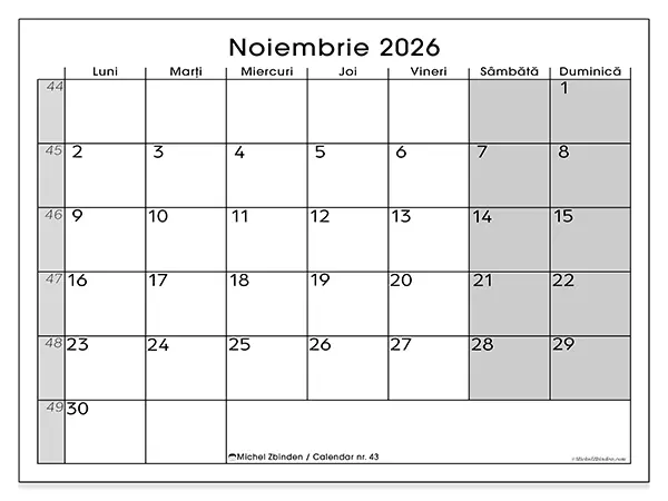 Calendar noiembrie 2026 de tipărit - Vedere clară