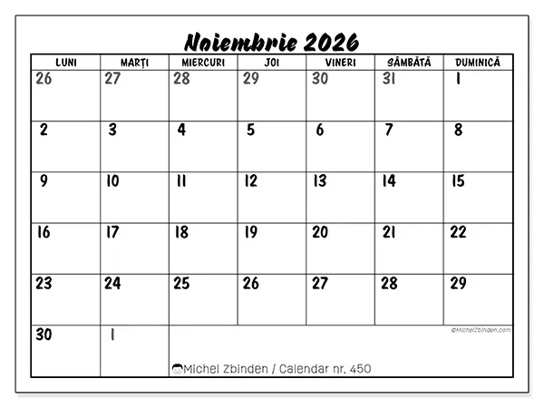 Calendar noiembrie 2026 de tipărit - Model detaliat