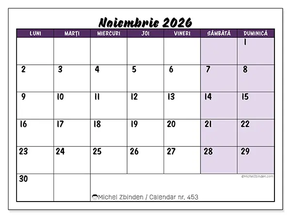 Calendar noiembrie 2026 de tipărit - Sarcini colorate