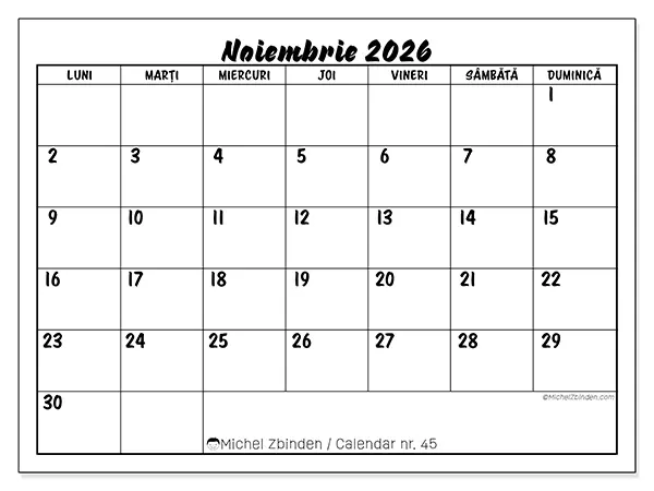 Calendar noiembrie 2026 de tipărit - Succes școlar