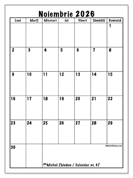 Calendar noiembrie 2026 de tipărit - Planificare clară