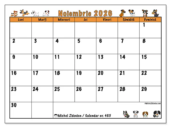 Calendar noiembrie 2026 de tipărit - Câini entuziaști