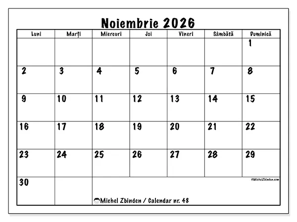 Calendar noiembrie 2026 de tipărit - Planuri zilnice
