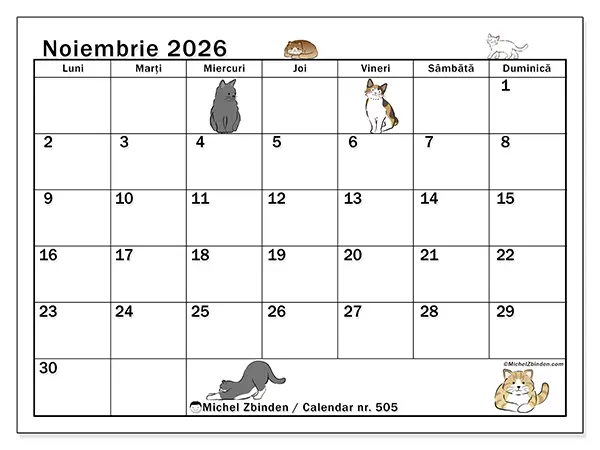 Calendar noiembrie 2026 de tipărit - Viață de pisică