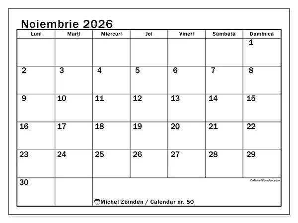 Calendar noiembrie 2026 de tipărit - Lună clară