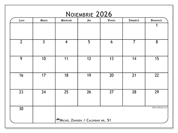Calendar noiembrie 2026 de tipărit - Planificator de mese