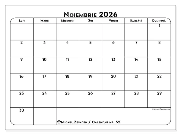 Calendar noiembrie 2026 de tipărit - Plan de lucru