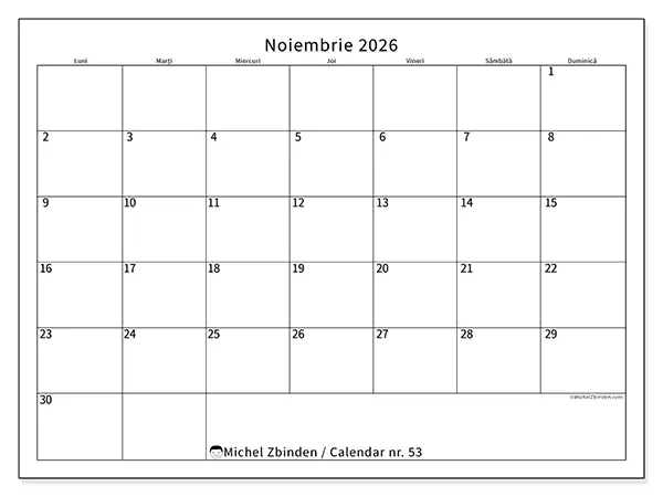 Calendar noiembrie 2026 de tipărit - Program clar