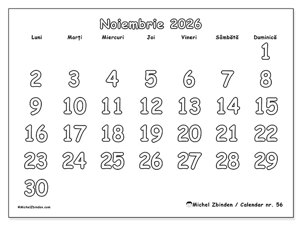 Calendar noiembrie 2026 de tipărit - Colorat util