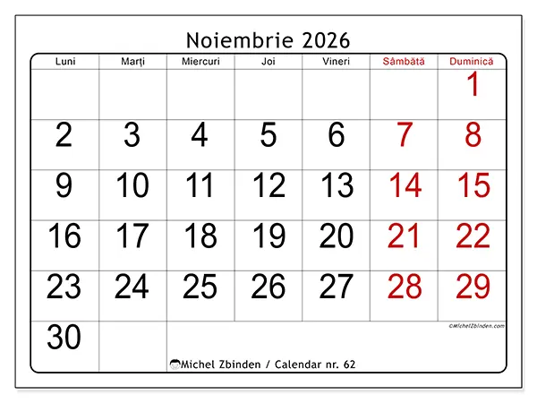Calendar noiembrie 2026 de tipărit - Vedere rapidă