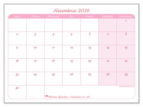 Calendar noiembrie 2026 de tipărit - Aspect calm