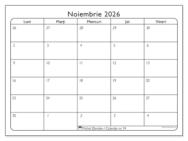 Calendar noiembrie 2026 de tipărit - Zile lucrătoare