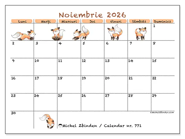 Calendar noiembrie 2026 de tipărit - Desene cu vulpi