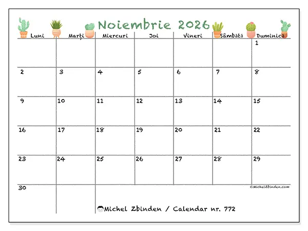 Calendar noiembrie 2026 de tipărit - Cactuși decorativi