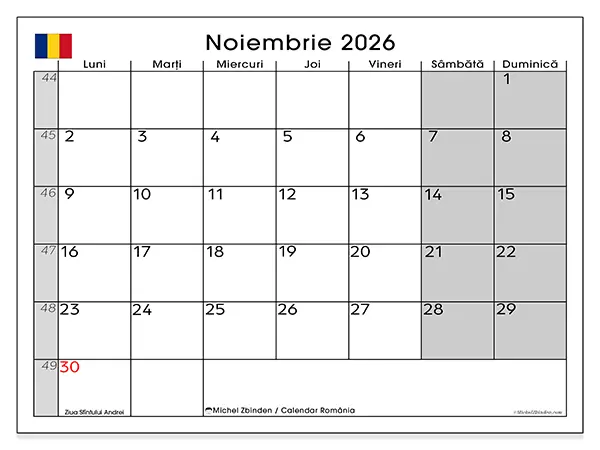 Calendar noiembrie 2026 de tipărit - România