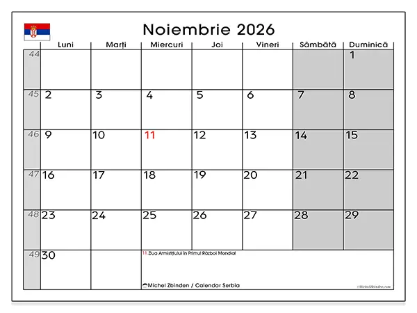 Calendar noiembrie 2026 de tipărit - Serbia