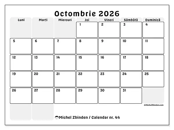 Calendar octombrie 2026 de tipărit - Planificare structurată