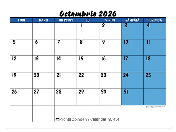 Calendar octombrie 2026 de tipărit - Vedere albastră