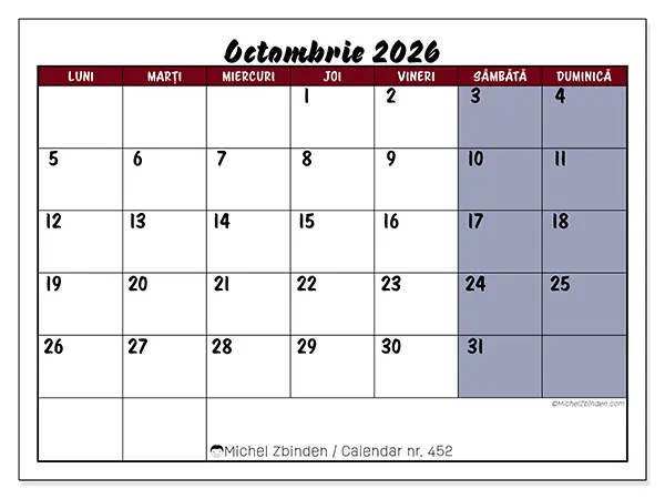 Calendar octombrie 2026 de tipărit - Sarcini în culori