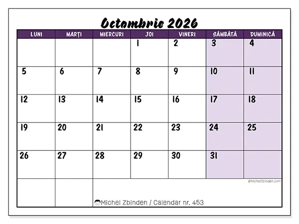 Calendar octombrie 2026 de tipărit - Sarcini colorate