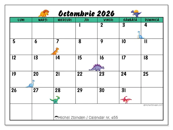 Calendar octombrie 2026 de tipărit - Dinozauri mici