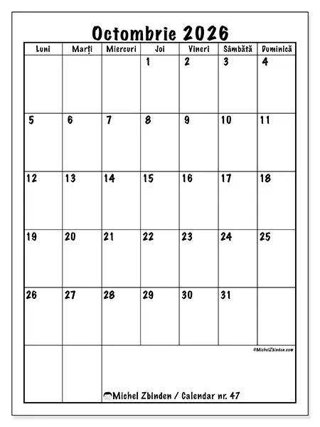 Calendar octombrie 2026 de tipărit - Planificare clară