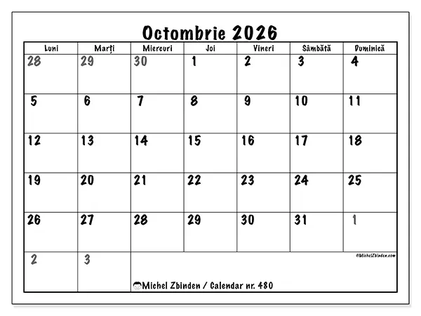 Calendar octombrie 2026 de tipărit - Planificare completă
